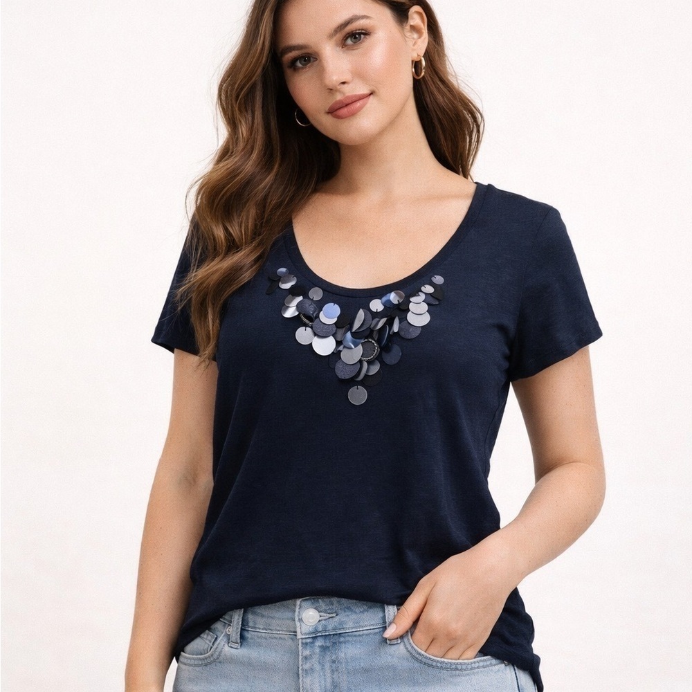 Caslon Navy Slub Knit Sequin Tee Womens XL Short Sleeve Cotton Modest Boho Top